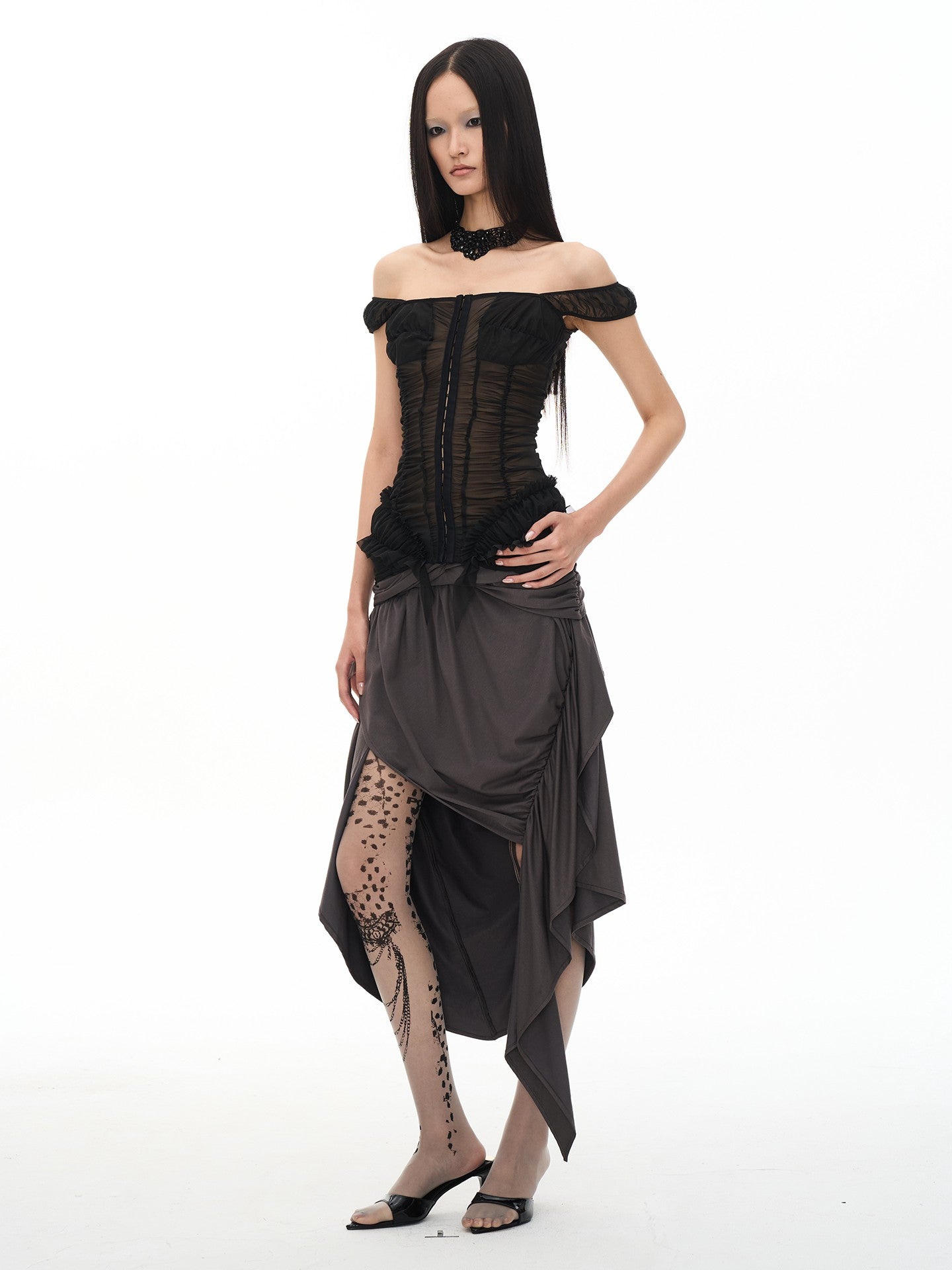 popoop Black Ruched Stretch Sheer Bodycon One Shoulder Women&