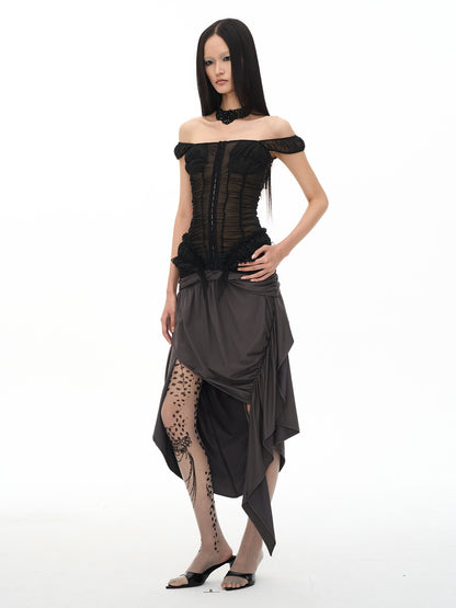 popoop Black Ruched Stretch Sheer Bodycon One Shoulder Women&