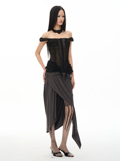 popoop Black Ruched Stretch Sheer Bodycon One Shoulder Women&