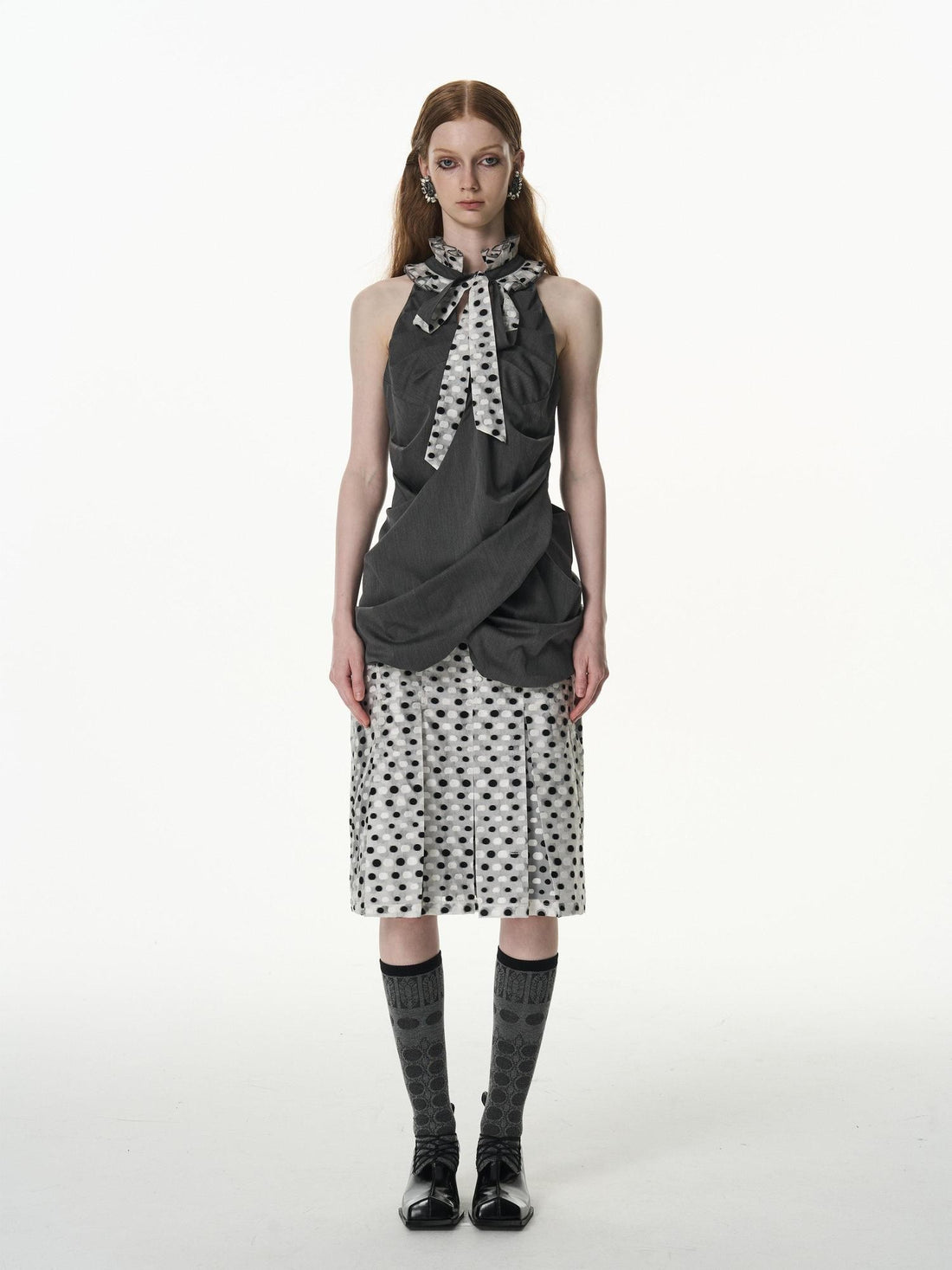 popoop Black White Polka Dot Panelled Pleated Convertible Women&