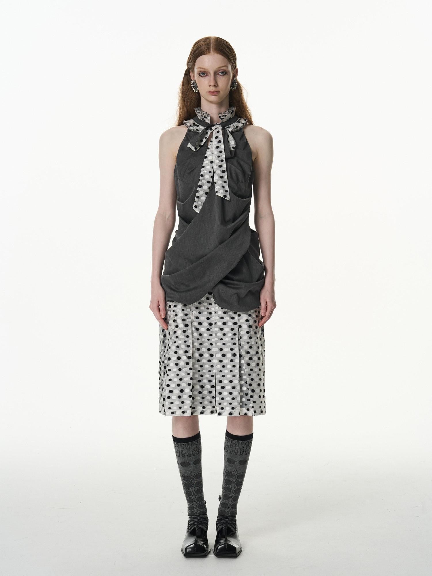 popoop Black White Polka Dot Panelled Pleated Convertible Women&