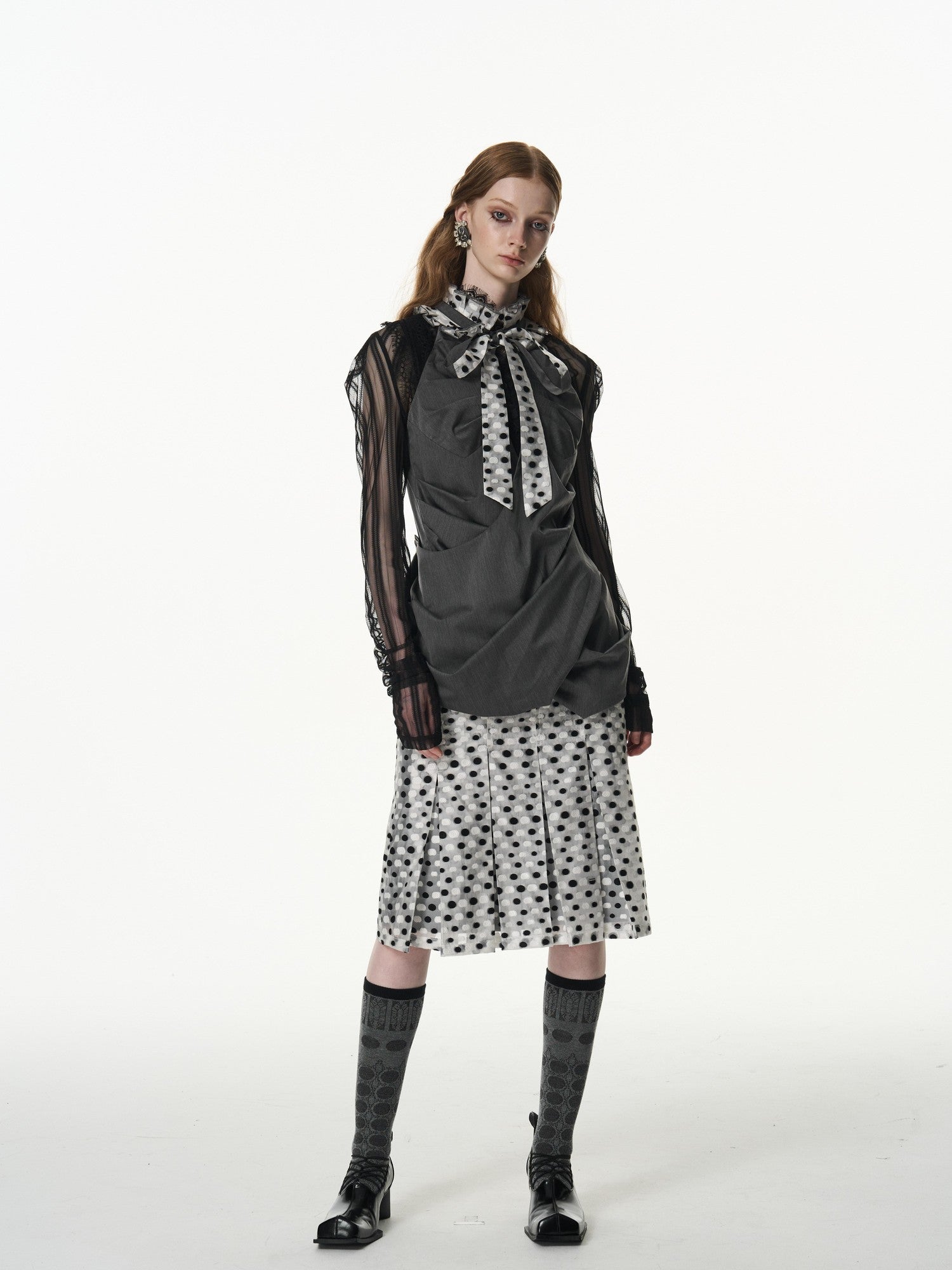 popoop Black White Polka Dot Panelled Pleated Convertible Women&