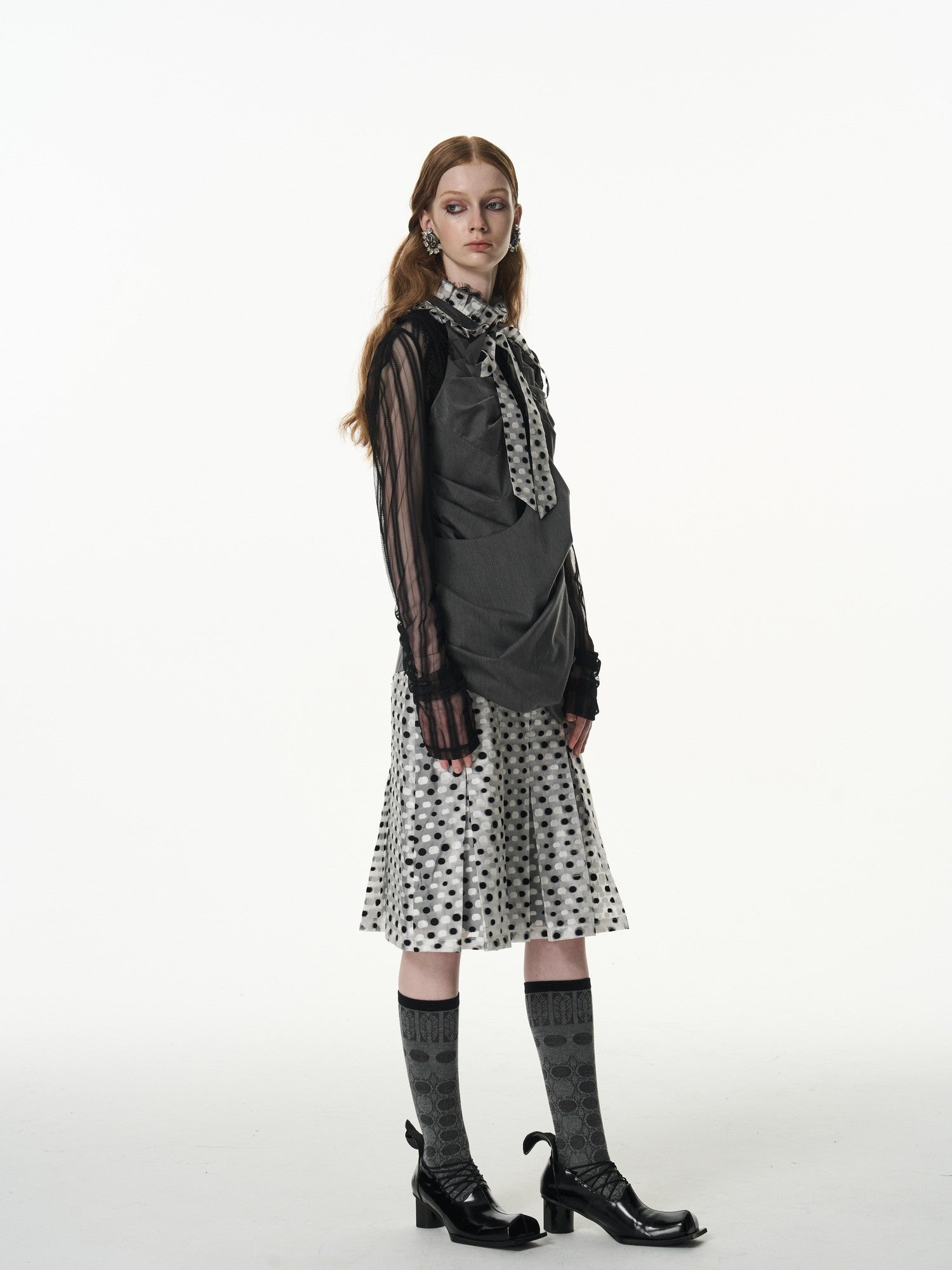 popoop Black White Polka Dot Panelled Pleated Convertible Women&