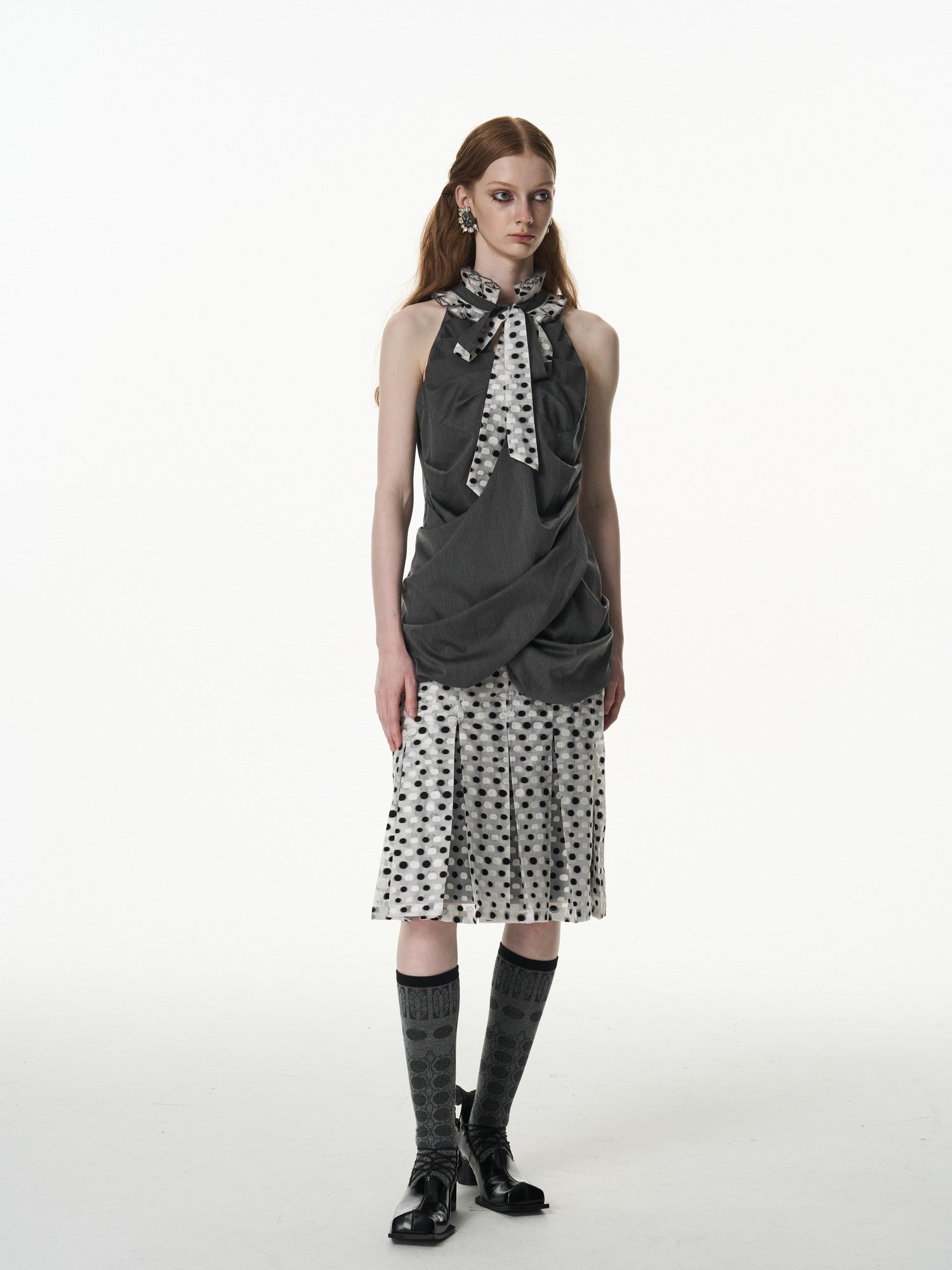 popoop Black White Polka Dot Panelled Pleated Convertible Women&