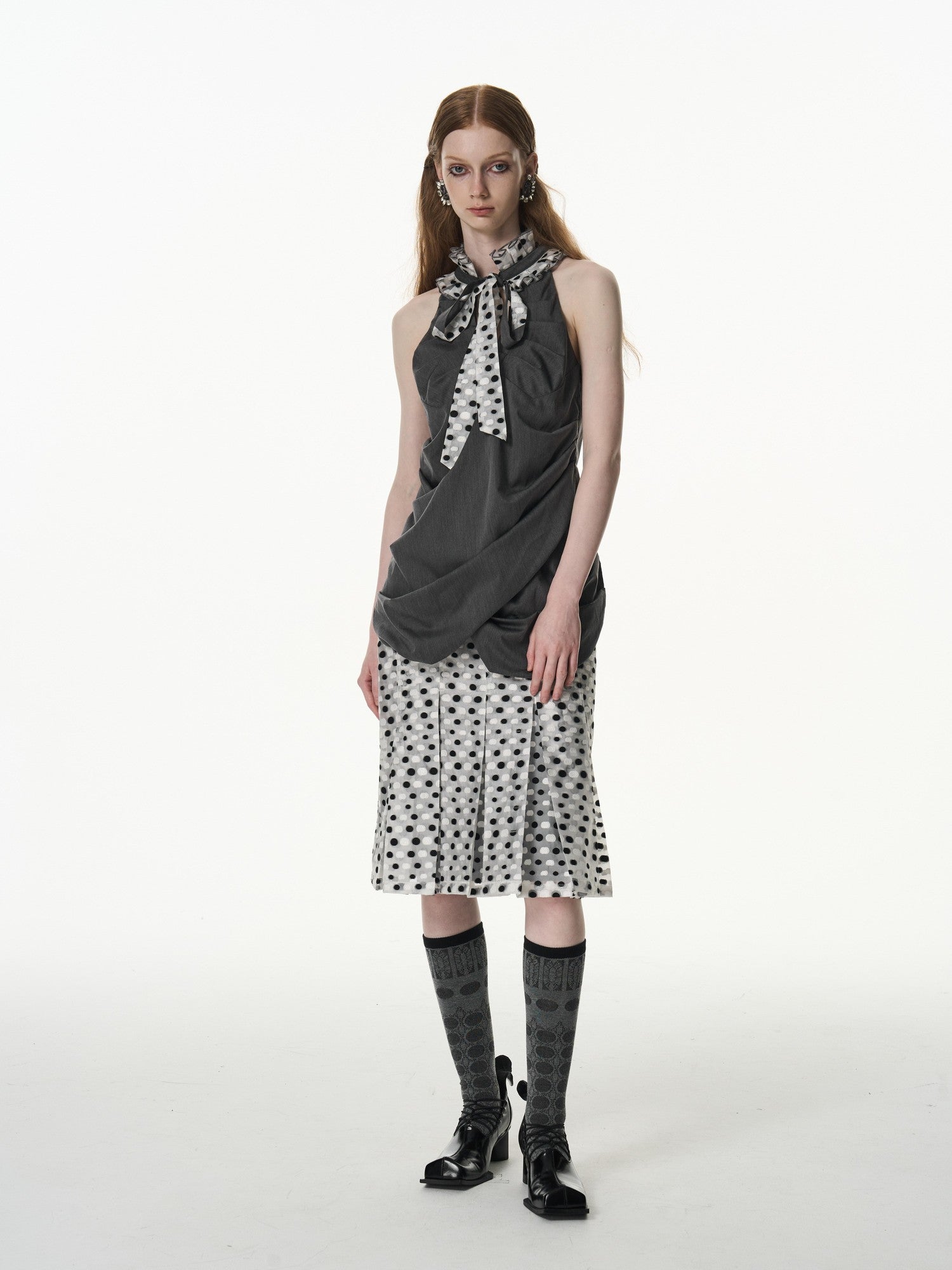 popoop Black White Polka Dot Panelled Pleated Convertible Women&