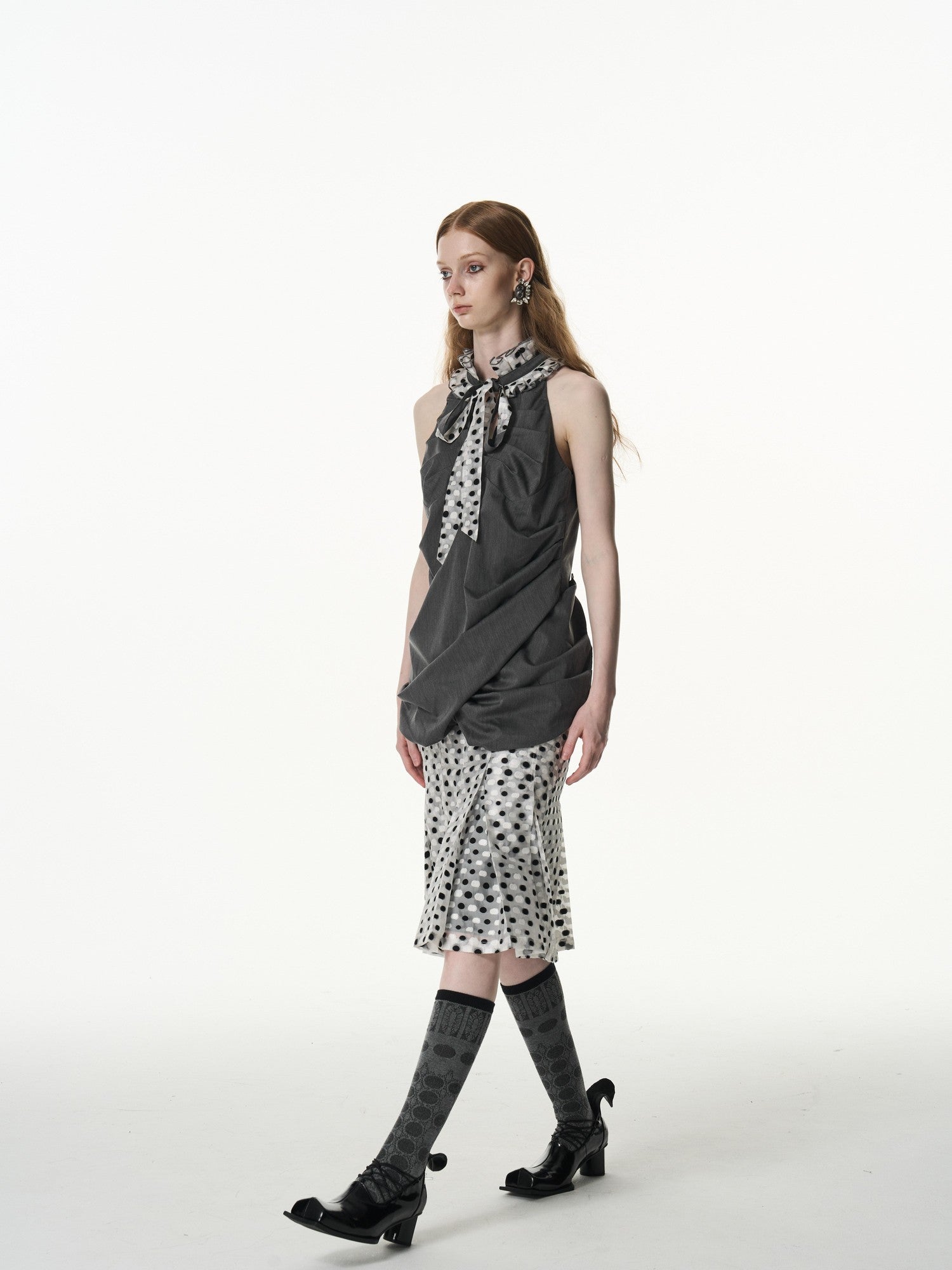 popoop Black White Polka Dot Panelled Pleated Convertible Women&