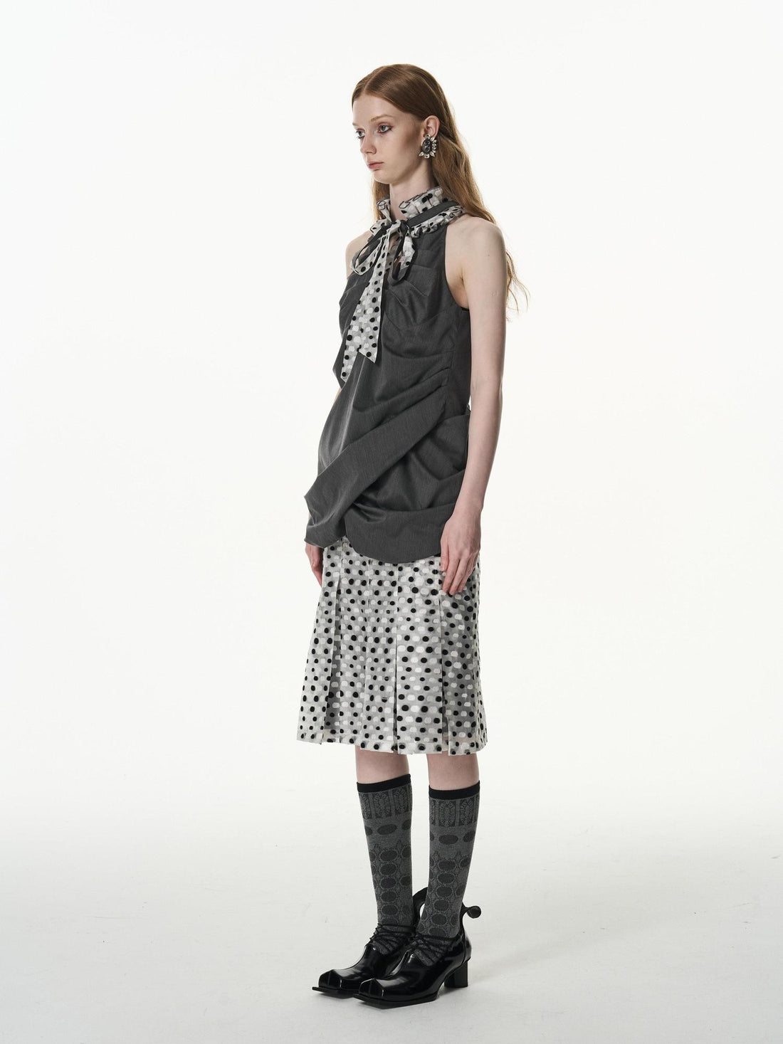 popoop Black White Polka Dot Panelled Pleated Convertible Women&