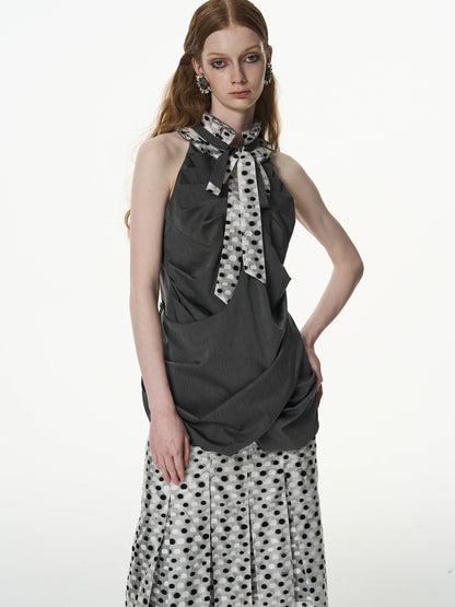 popoop Black White Polka Dot Panelled Pleated Convertible Women&
