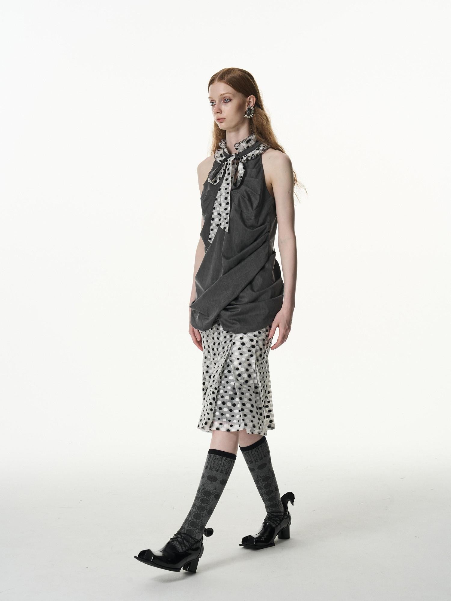popoop Black White Polka Dot Panelled Pleated Convertible Women&