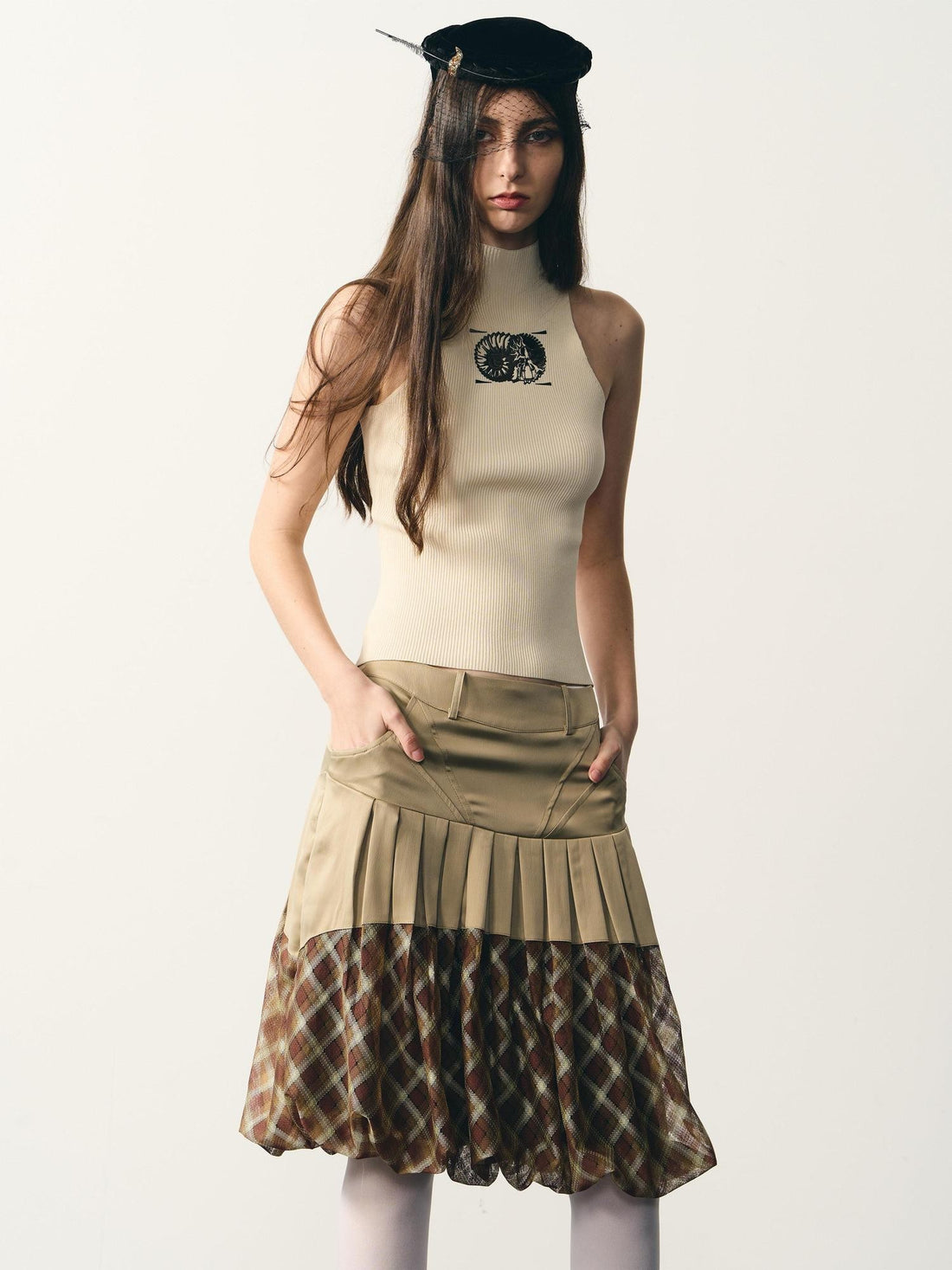 popoop Champagne Pleated Checked Tulle Low Waist Women&