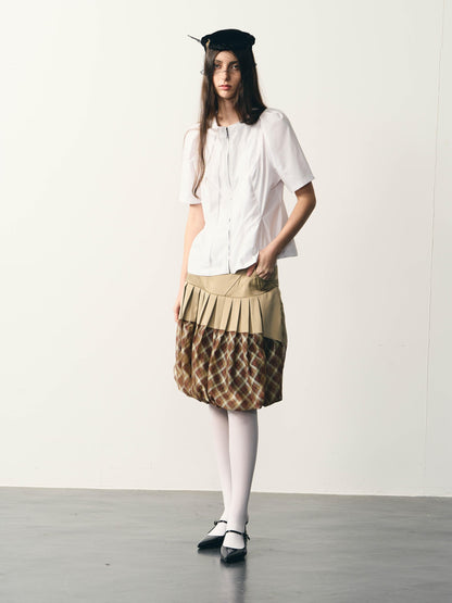 popoop Champagne Pleated Checked Tulle Low Waist Women&