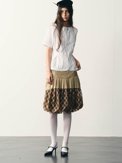 popoop Champagne Pleated Checked Tulle Low Waist Women&