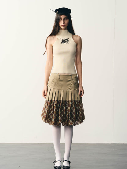 popoop Champagne Pleated Checked Tulle Low Waist Women&