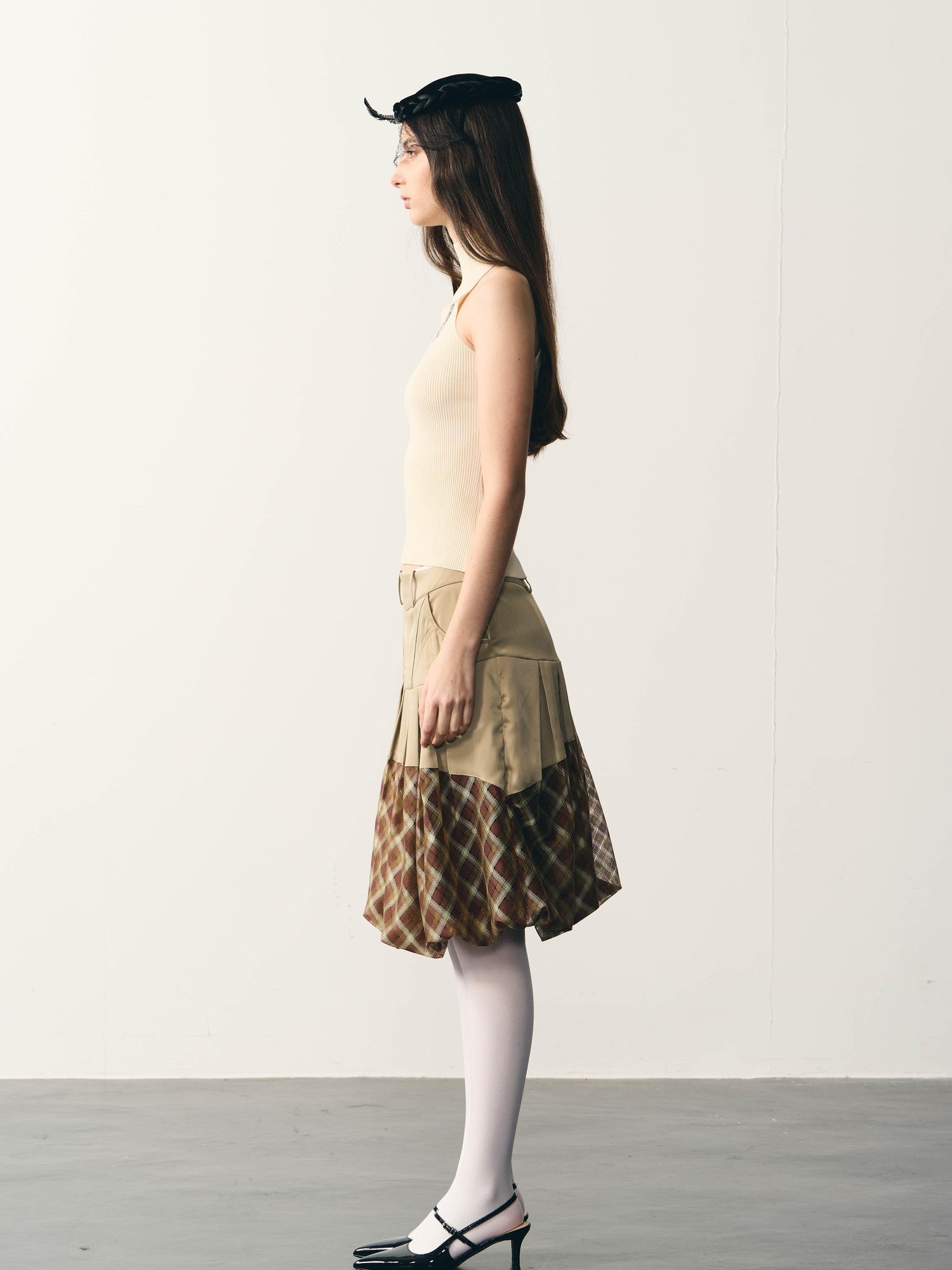 popoop Champagne Pleated Checked Tulle Low Waist Women&