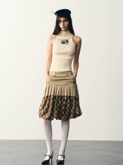 popoop Champagne Pleated Checked Tulle Low Waist Women&