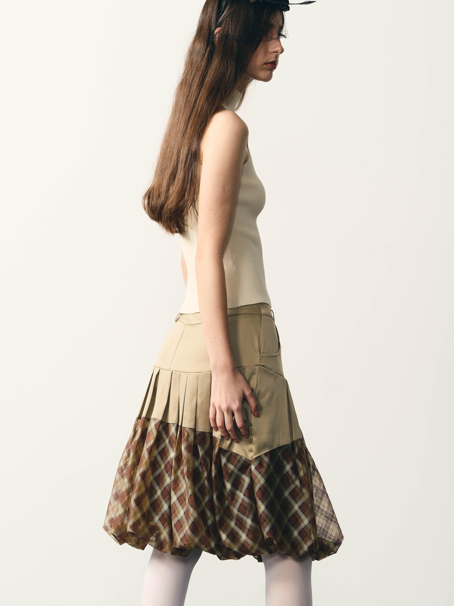 popoop Champagne Pleated Checked Tulle Low Waist Women&