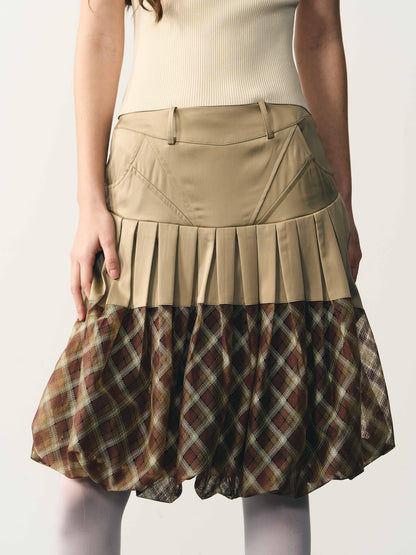 popoop Champagne Pleated Checked Tulle Low Waist Women&