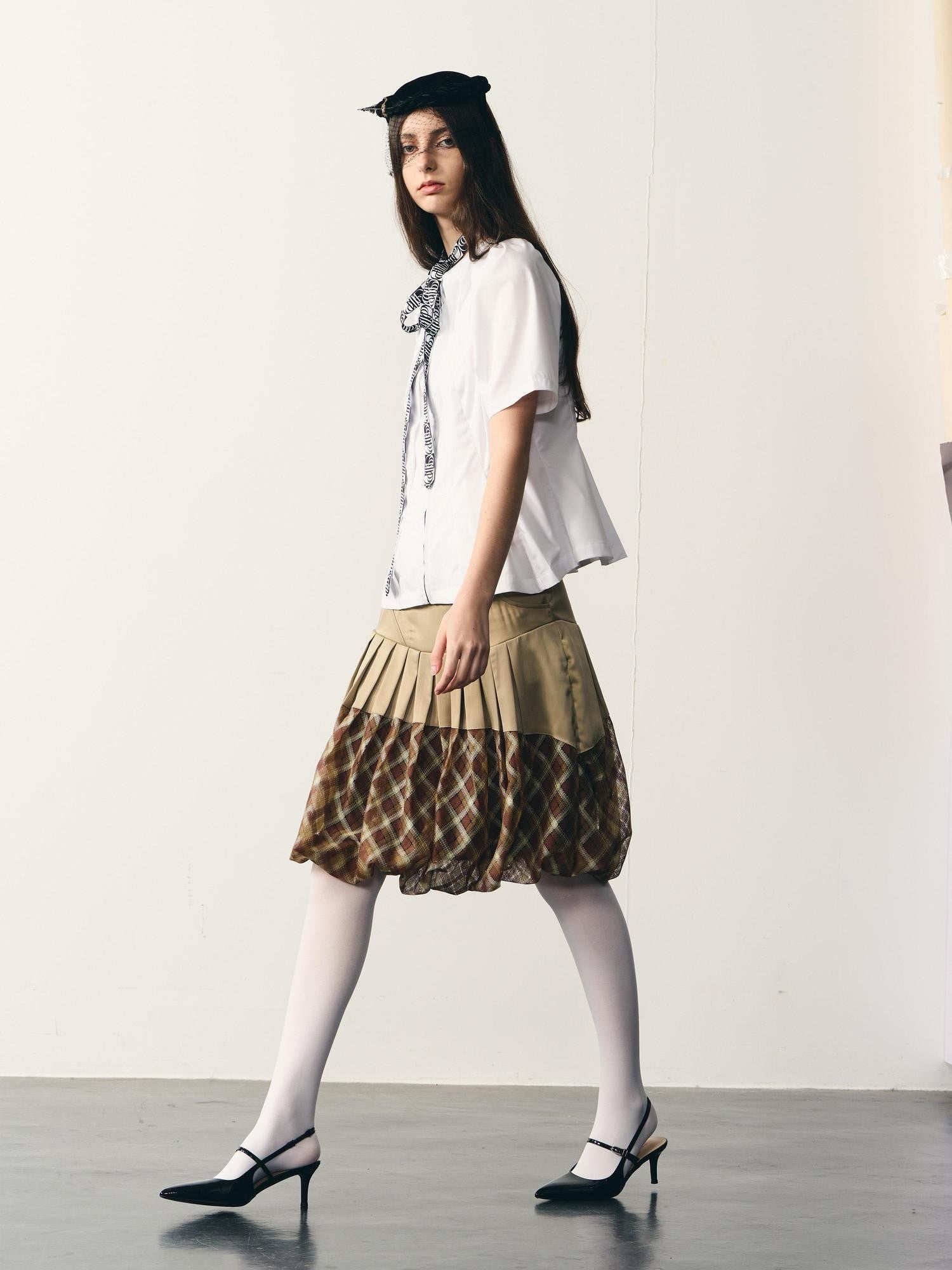 popoop Champagne Pleated Checked Tulle Low Waist Women&