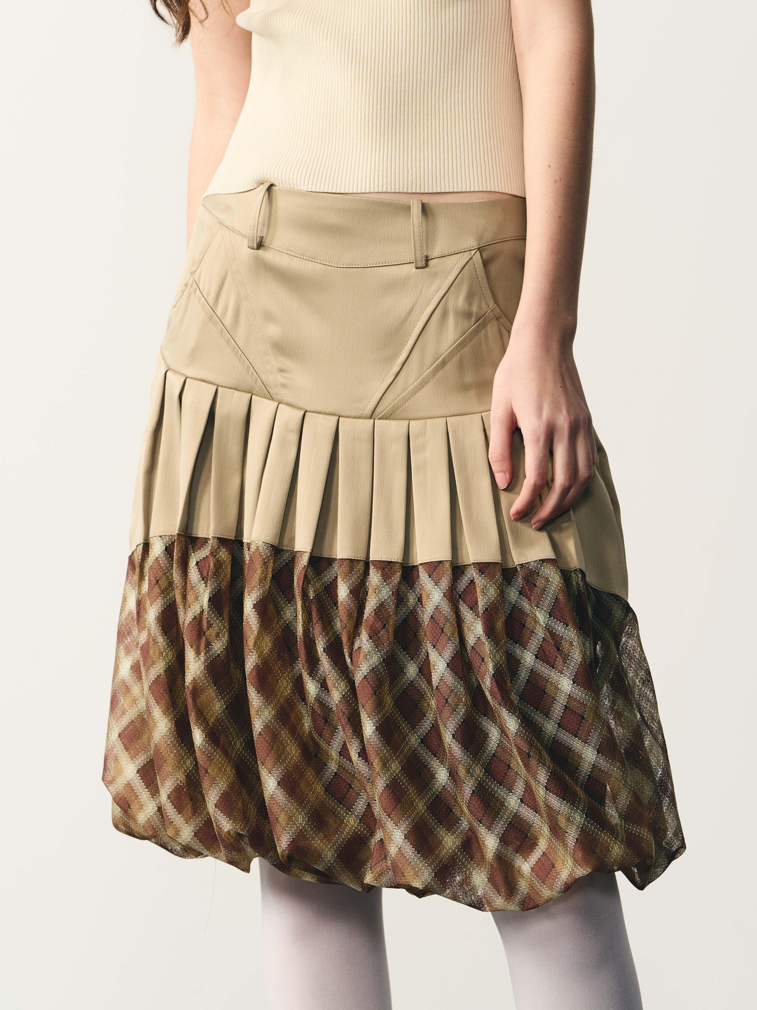 popoop Champagne Pleated Checked Tulle Low Waist Women&