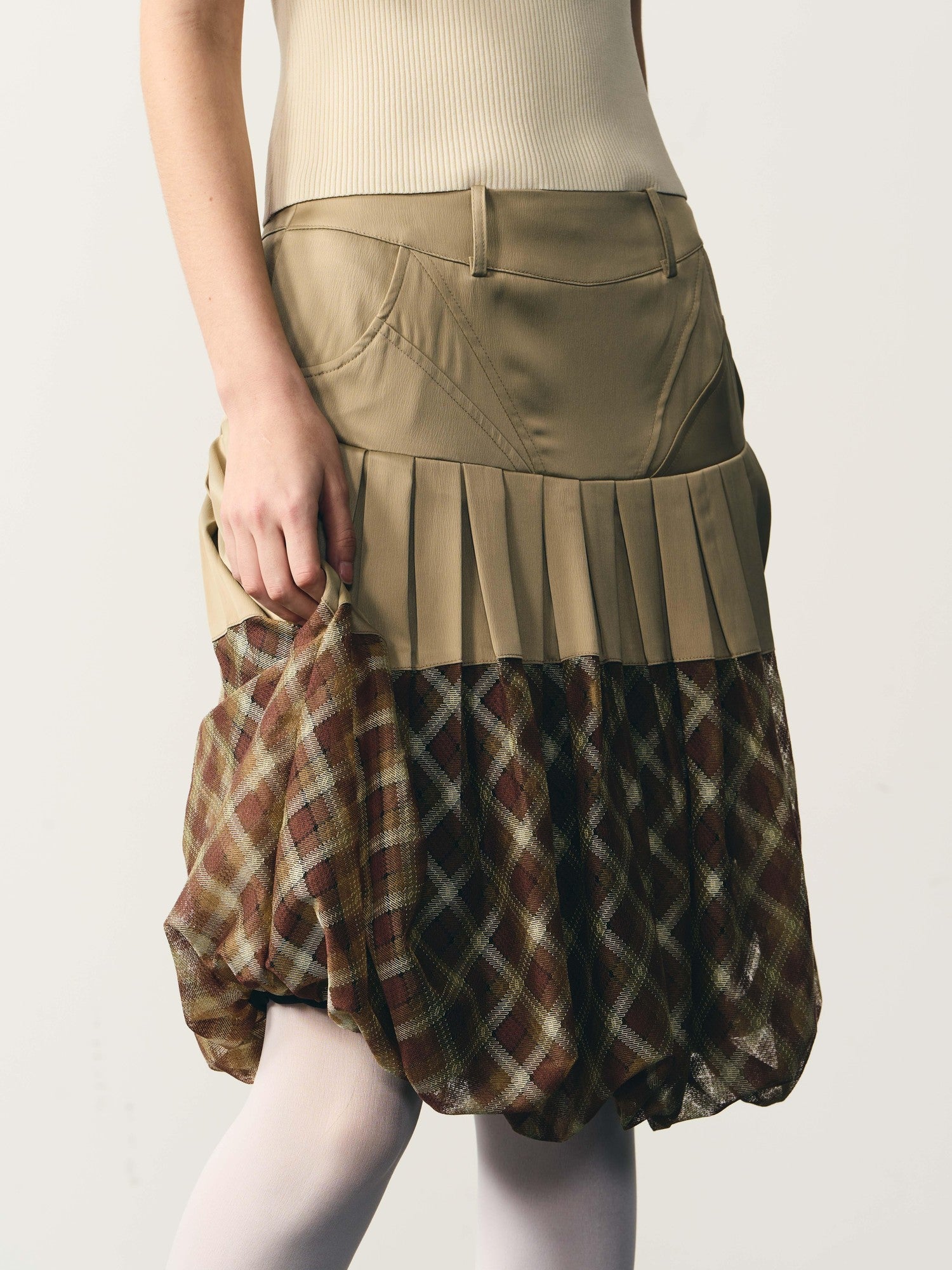 popoop Champagne Pleated Checked Tulle Low Waist Women&