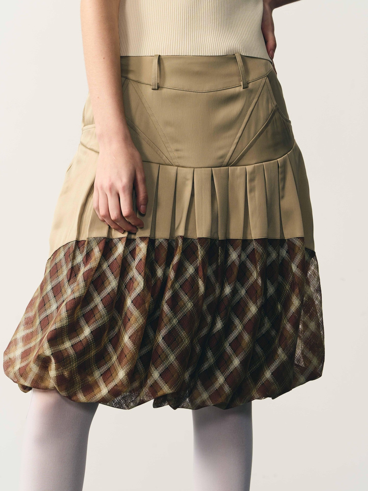 popoop Champagne Pleated Checked Tulle Low Waist Women&