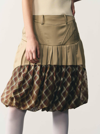 popoop Champagne Pleated Checked Tulle Low Waist Women&