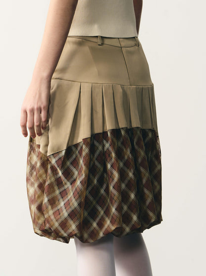 popoop Champagne Pleated Checked Tulle Low Waist Women&