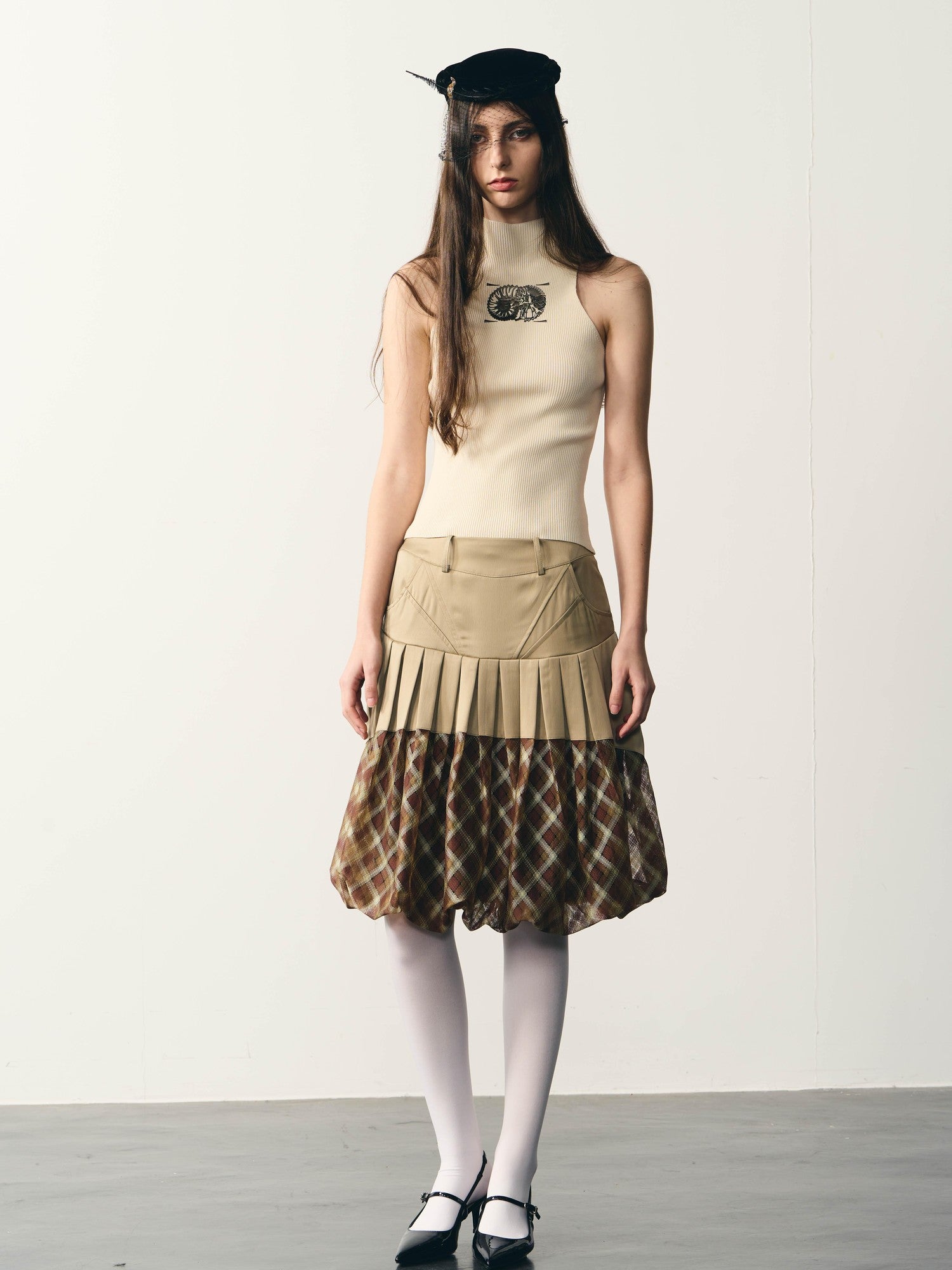 popoop Champagne Pleated Checked Tulle Low Waist Women&