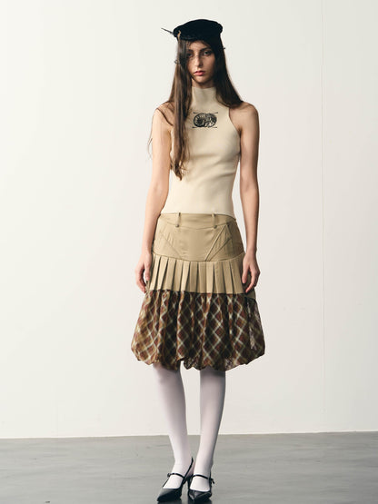 popoop Champagne Pleated Checked Tulle Low Waist Women&