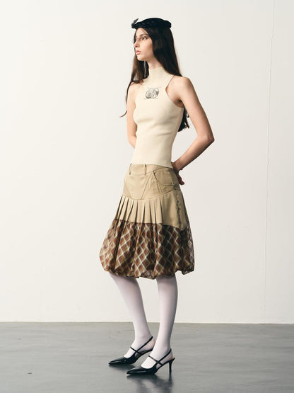 popoop Champagne Pleated Checked Tulle Low Waist Women&