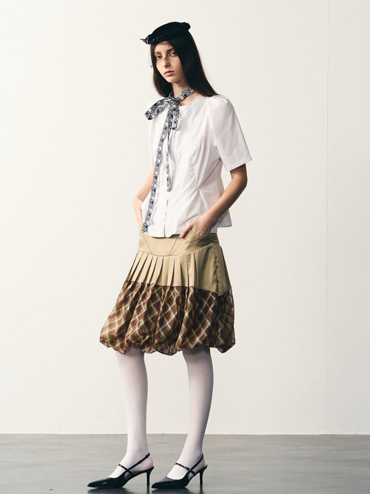popoop Champagne Pleated Checked Tulle Low Waist Women&