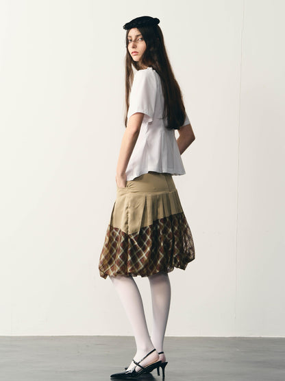 popoop Champagne Pleated Checked Tulle Low Waist Women&