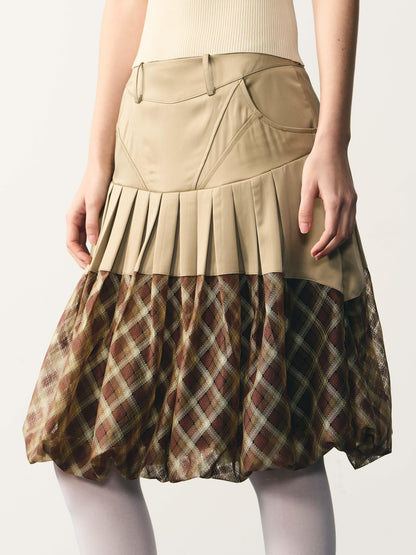popoop Champagne Pleated Checked Tulle Low Waist Women&