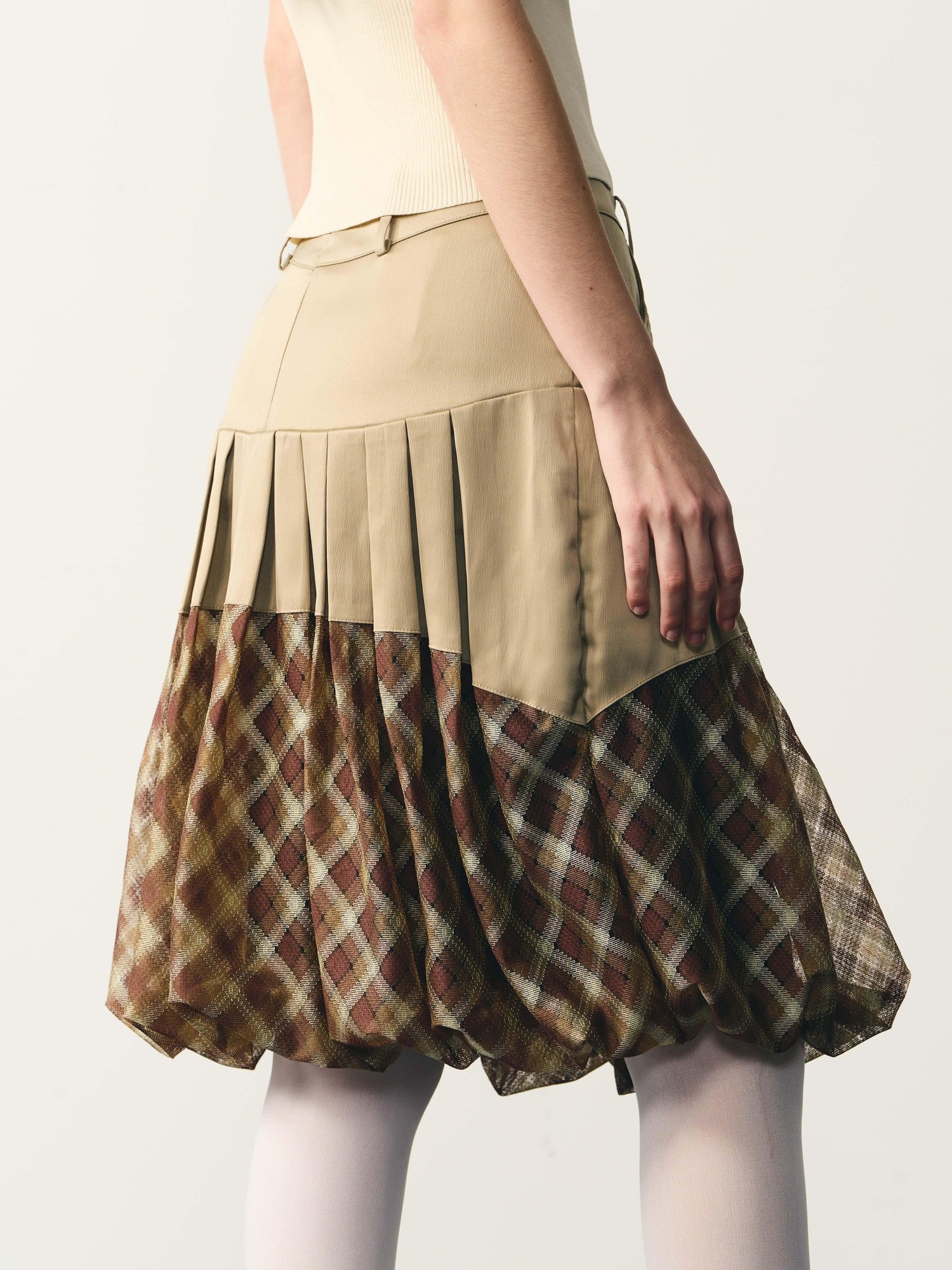 popoop Champagne Pleated Checked Tulle Low Waist Women&