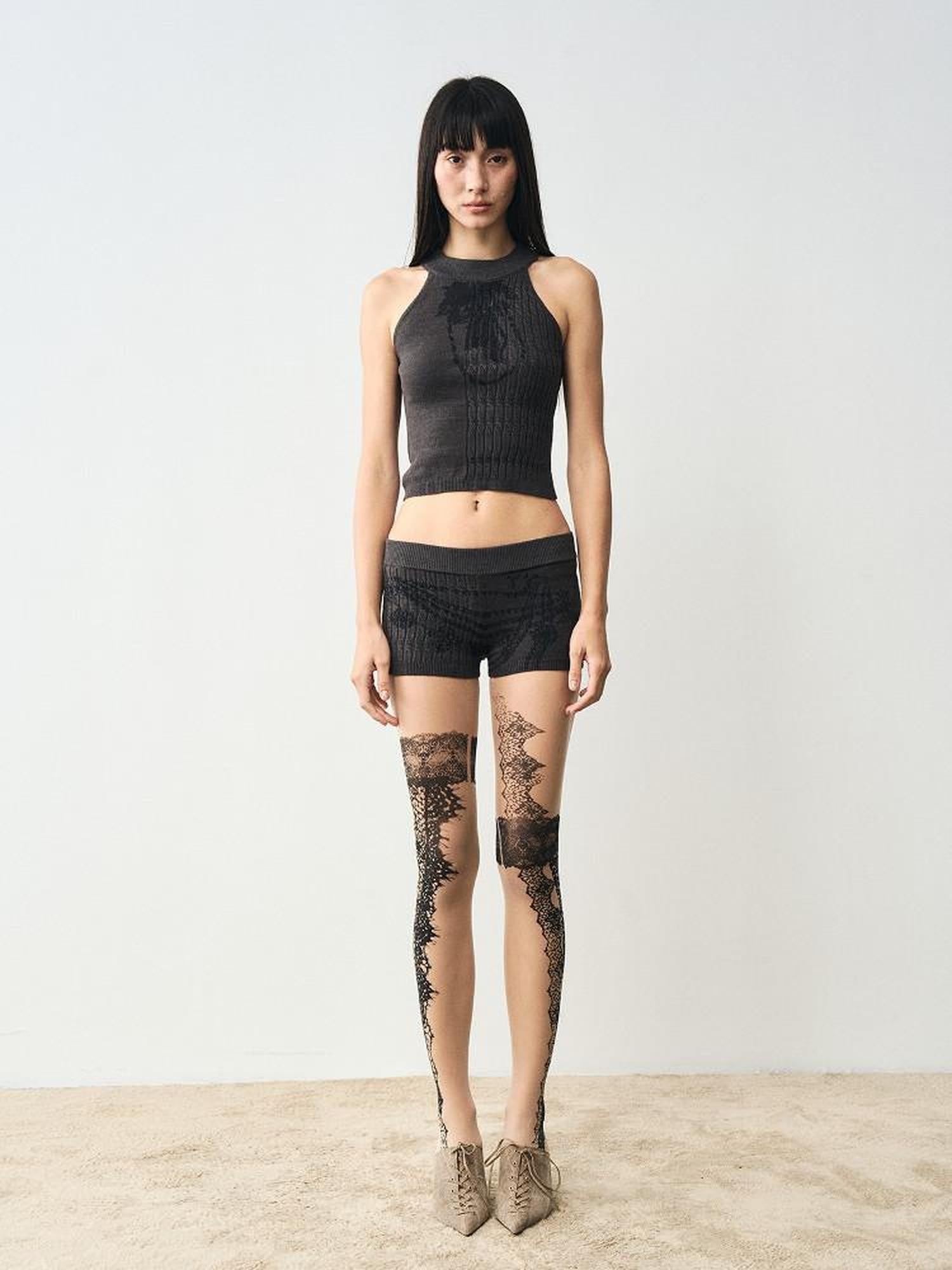 popoop Charcoal Cable Knit Distressed Print Women&
