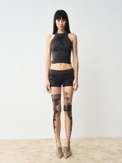 popoop Charcoal Cable Knit Distressed Print Women&