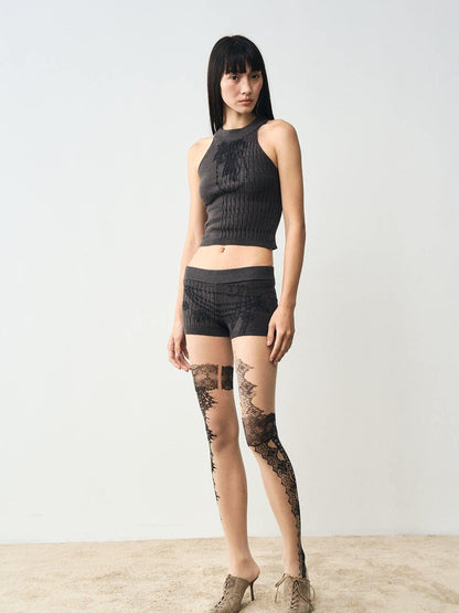 popoop Charcoal Cable Knit Distressed Print Women&