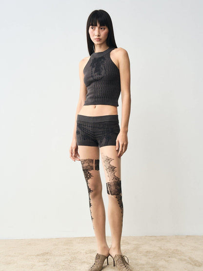 popoop Charcoal Cable Knit Distressed Print Women&