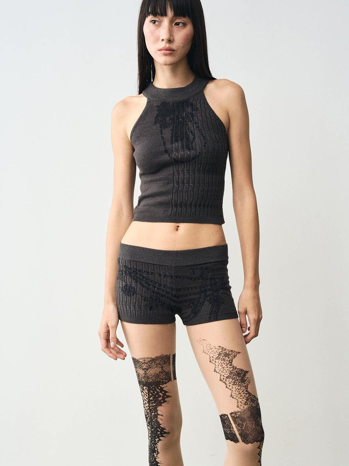 popoop Charcoal Cable Knit Distressed Print Women&