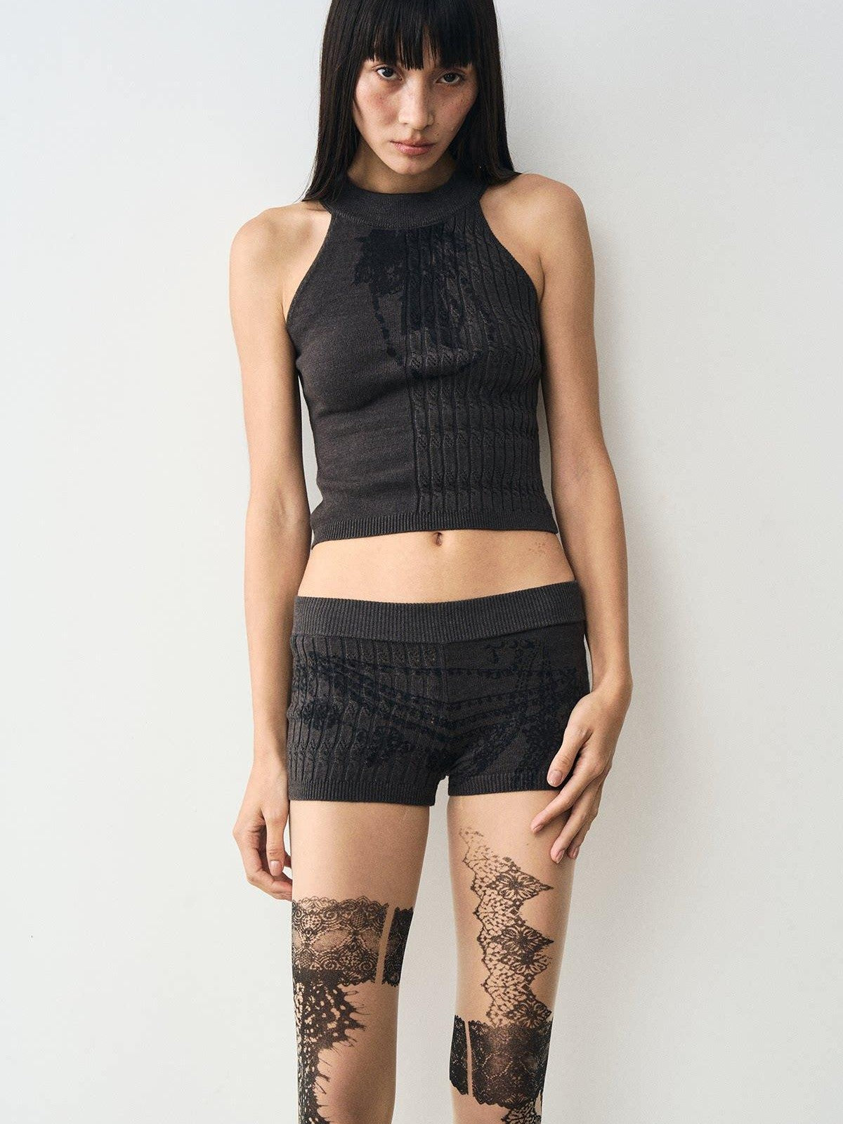 popoop Charcoal Cable Knit Distressed Print Women&