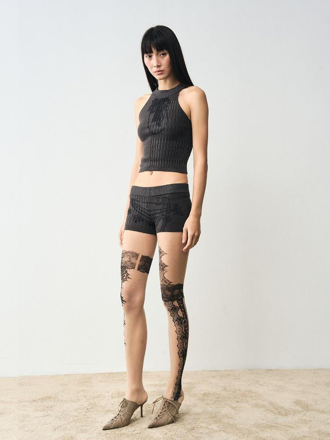popoop Charcoal Cable Knit Distressed Print Women&