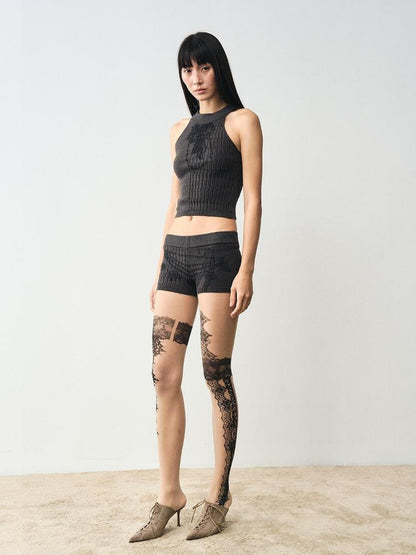 popoop Charcoal Cable Knit Distressed Print Women&