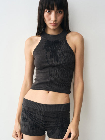 popoop Charcoal Cable Knit Distressed Print Women&
