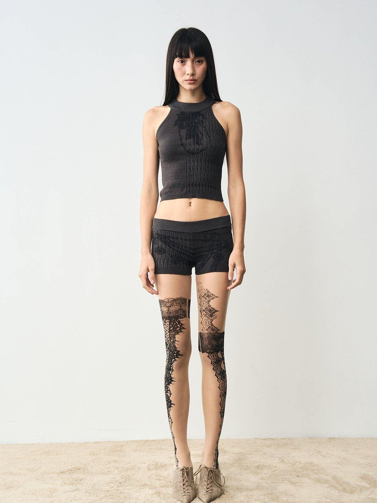 popoop Charcoal Cable Knit Distressed Print Women&