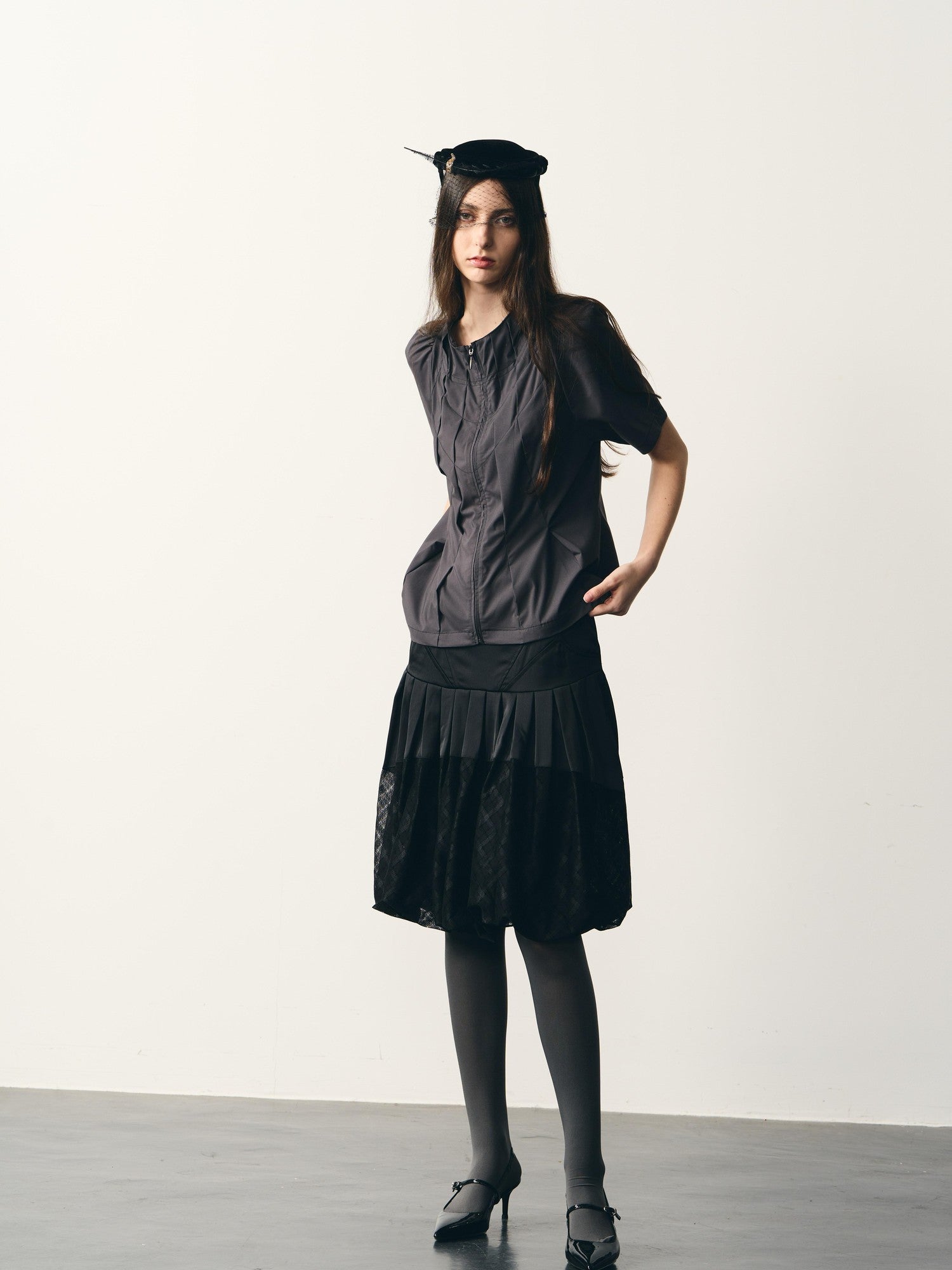 popoop Dark Gray Folded Structure Slim Zip Outer Women&