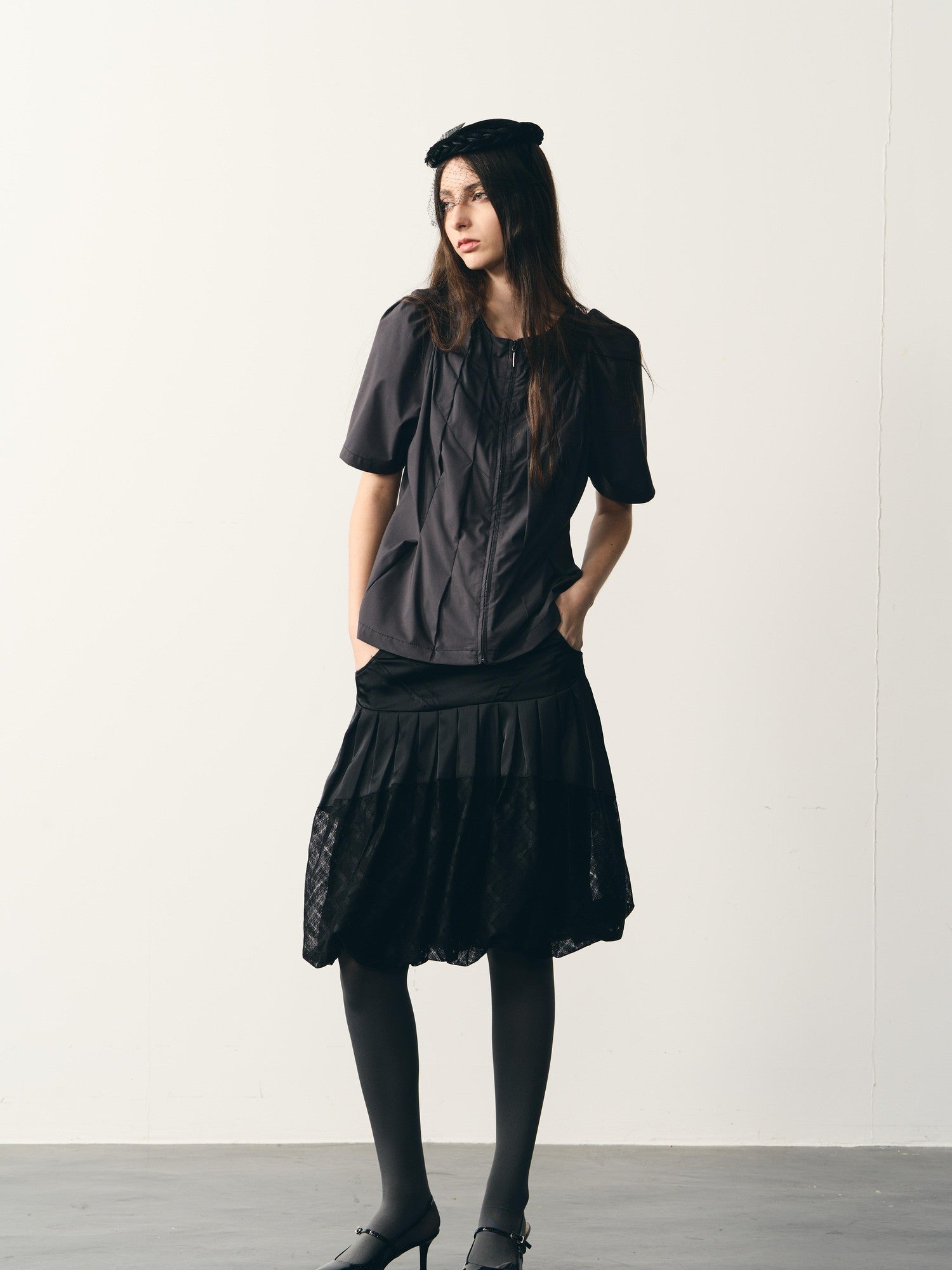 popoop Dark Gray Folded Structure Slim Zip Outer Women&