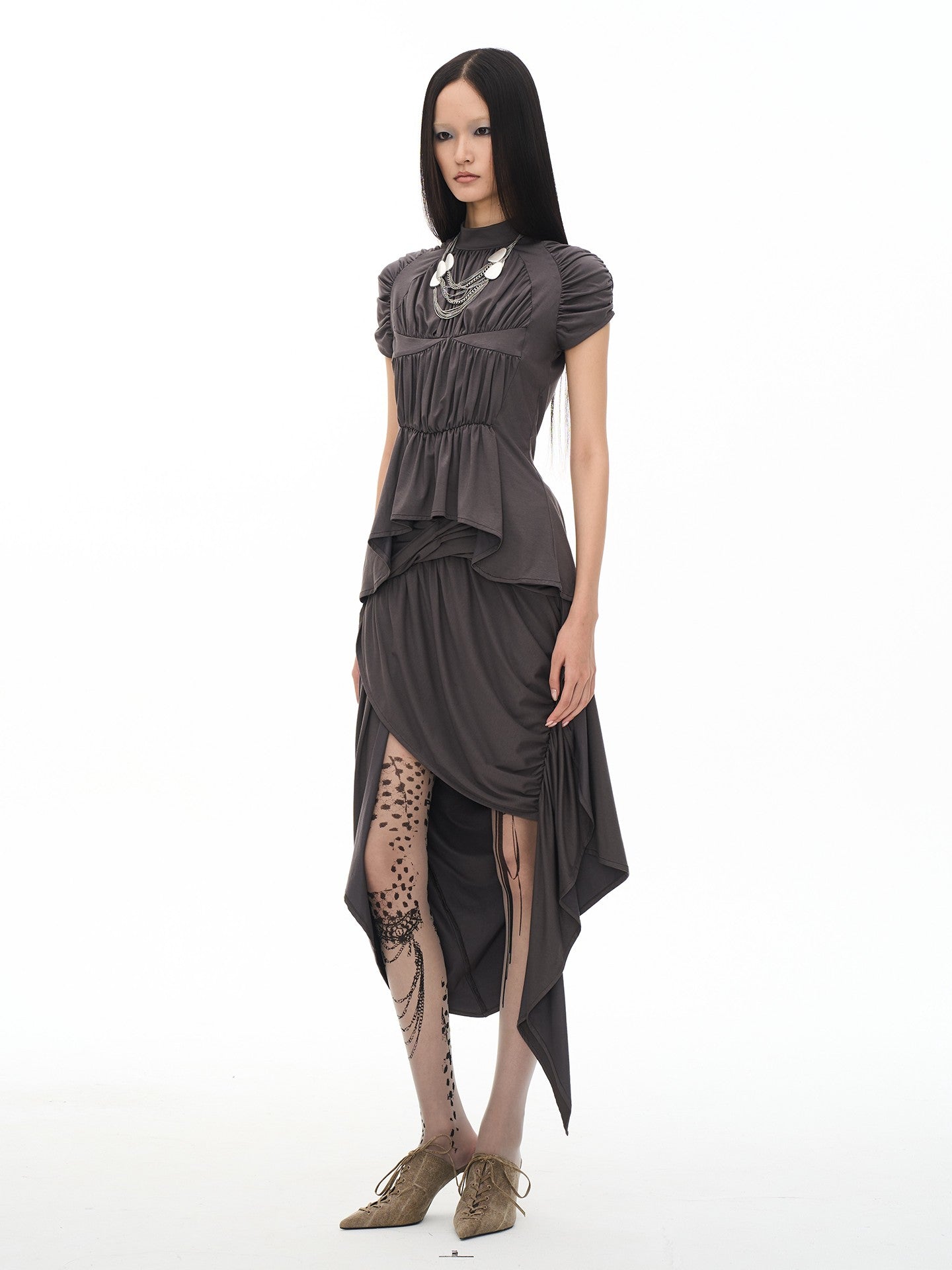 popoop Dark Gray Medieval Pleated Mock Neck Cinched Waist Women&