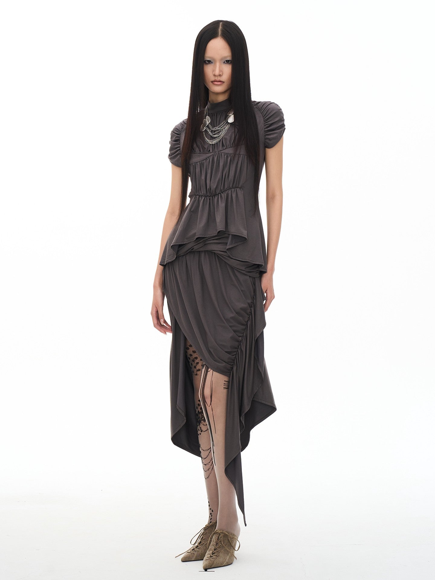 popoop Dark Gray Medieval Pleated Mock Neck Cinched Waist Women&