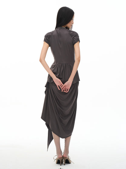 popoop Dark Gray Medieval Pleated Mock Neck Cinched Waist Women&