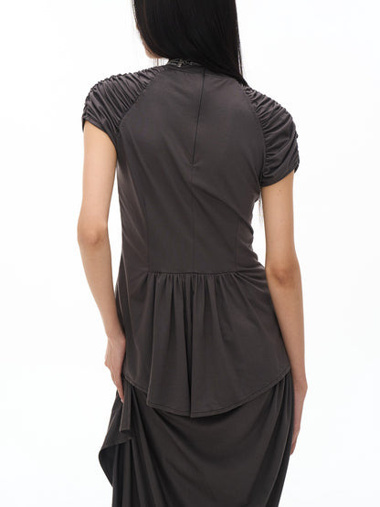 popoop Dark Gray Medieval Pleated Mock Neck Cinched Waist Women&